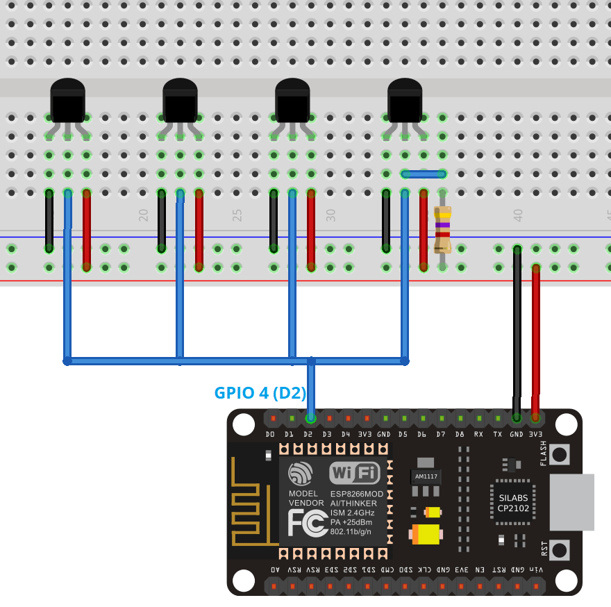 ESP8266 с несколькими датчиками DS18B20 схема подключения
