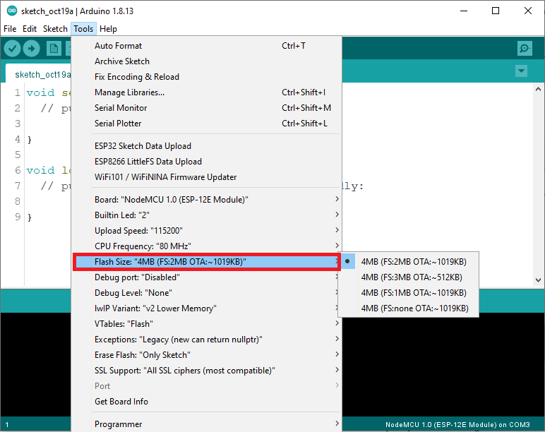 ESP8266 выбор размера Flash в Arduino IDE
