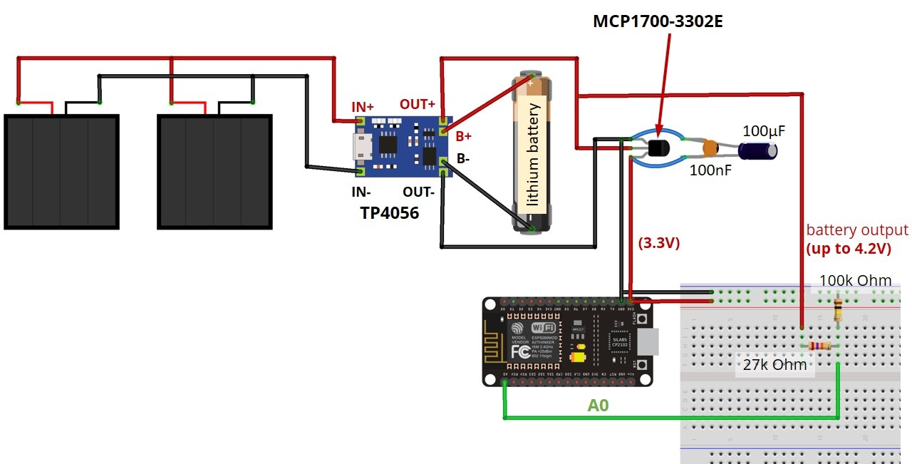 Финальная схема питания ESP8266 от солнечных панелей с мониторингом уровня заряда