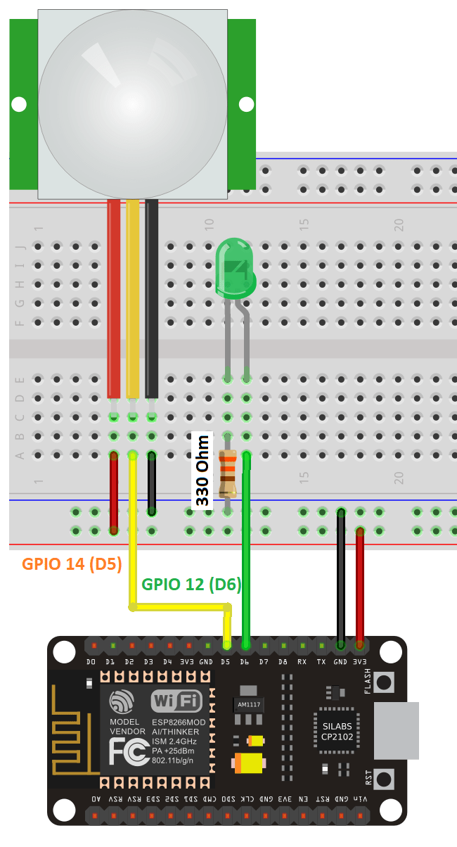 ESP8266 NodeMCU прерывания и таймеры с PIR-датчиком движения — схема подключения