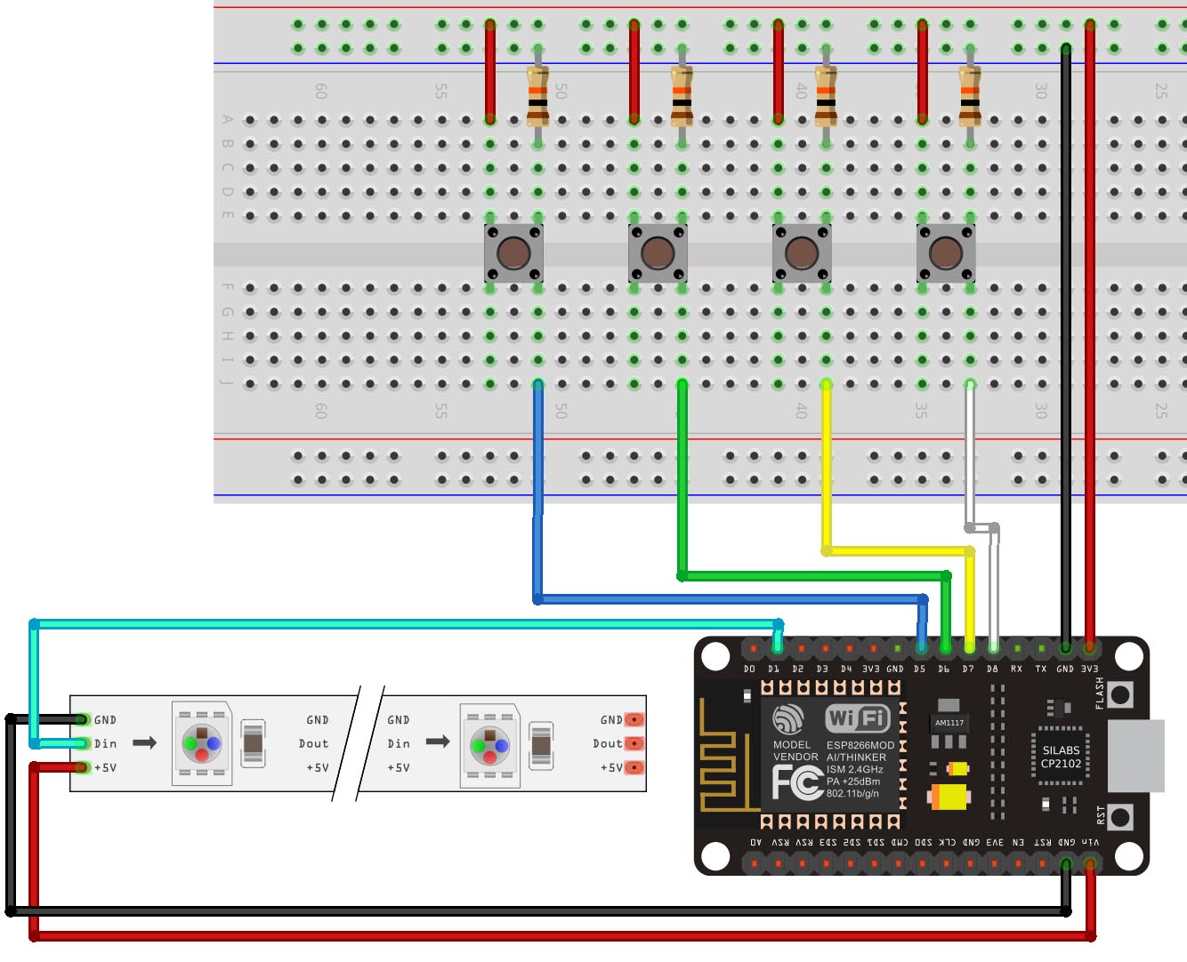 ESP8266 NeoPixel с кнопками — схема подключения WS2812B