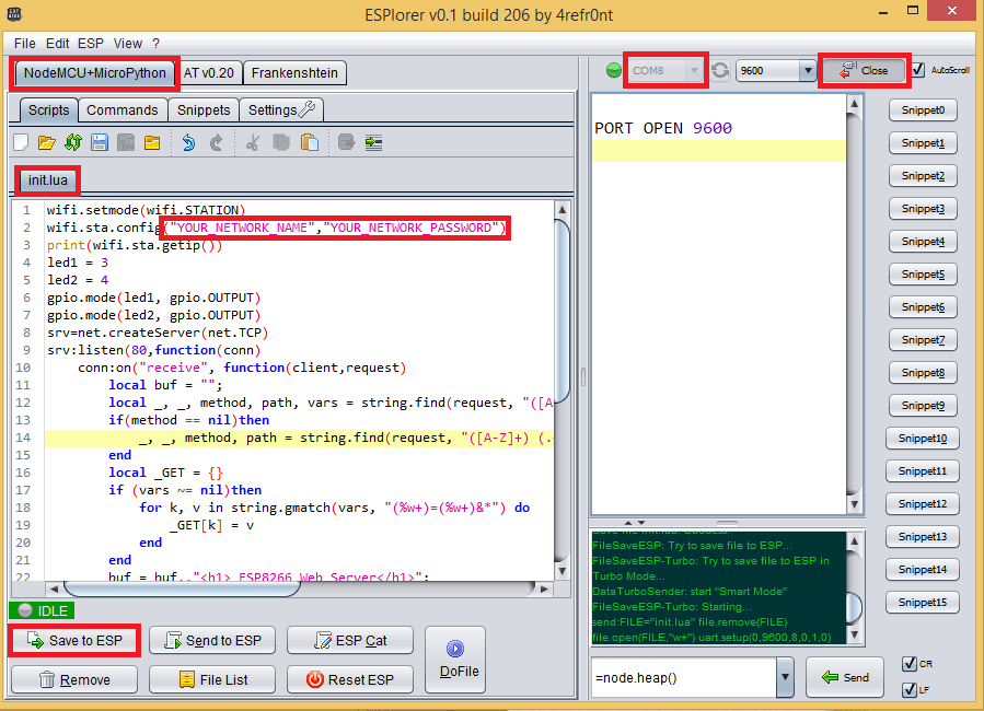 Загрузка кода на ESP8266 NodeMCU через ESPlorer