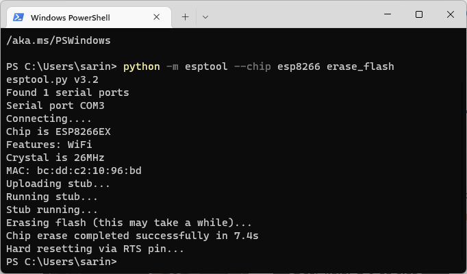 esptool стирание флеш-памяти esp8266