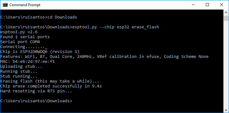 Успешная очистка флеш-памяти ESP32