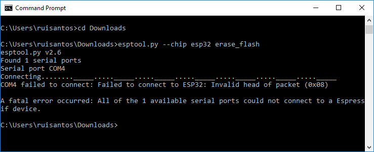 ESP32 в процессе подключения для очистки памяти