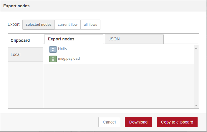 Окно экспорта узлов Node-RED