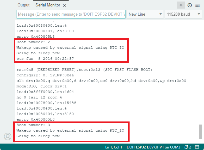 Тестирование внешнего пробуждения ESP32