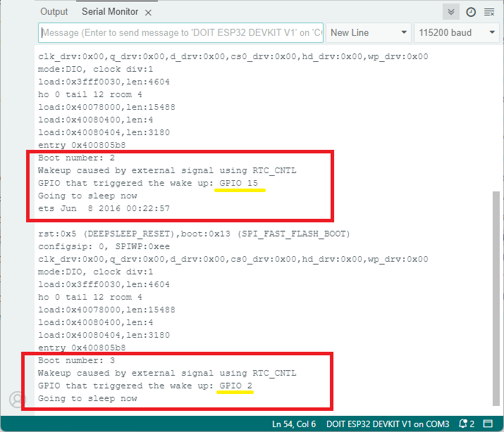 Внешнее пробуждение ESP32 с несколькими GPIO - результат в мониторе последовательного порта