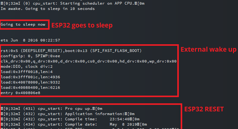 Демонстрация внешнего пробуждения ESP32 ext0