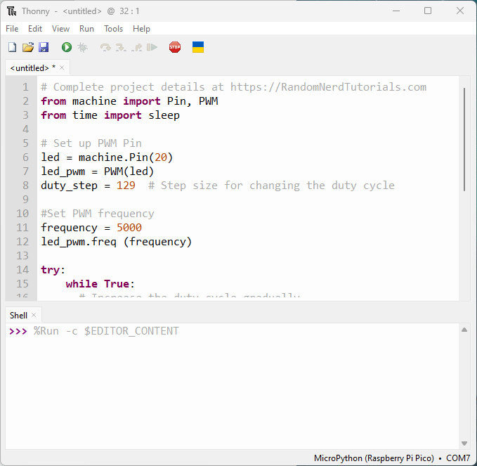 Thonny IDE ШИМ плавное затухание светодиода MicroPython Raspberry Pi Pico