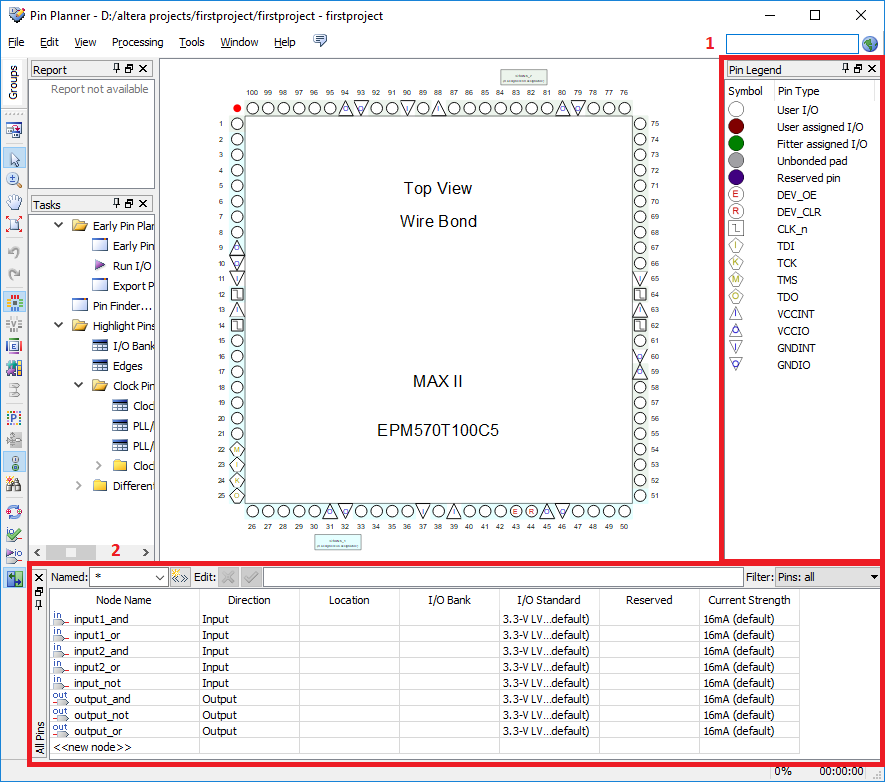 Окно Pin Planner в Quartus II