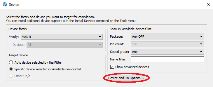 Кнопка Device and Pin Options в окне Device