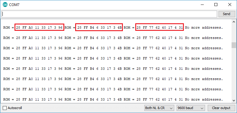Адреса датчиков DS18B20 в мониторе последовательного порта