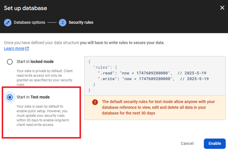 Firebase Realtime Database запуск в тестовом режиме
