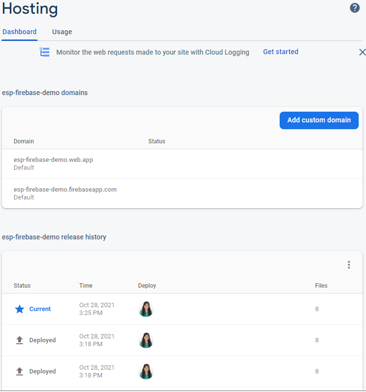 Firebase Web App история развертываний и домены