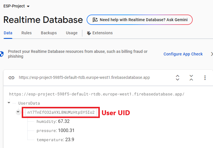 Показания датчика ESP32 в Firebase Realtime Database
