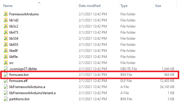 Расположение файла Firmware Bin в VS Code PlatformIO IDE