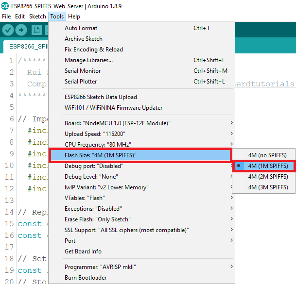 Выбор платы ESP8266 NodeMCU с SPIFFS в Arduino IDE