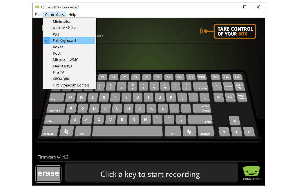 Выбор клавиатуры в приложении FLIRC