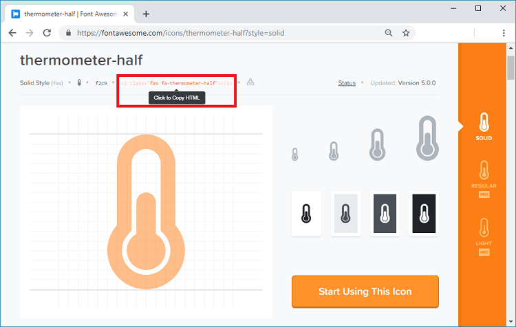 HTML-код иконки термометра на сайте Font Awesome Icons