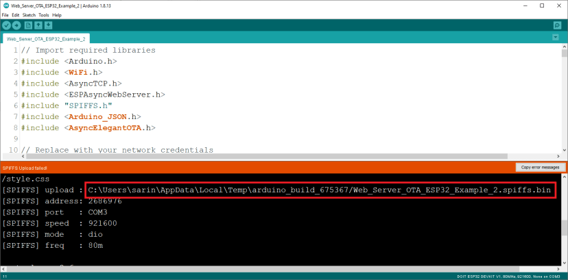Получение пути к файлу SPIFFS bin