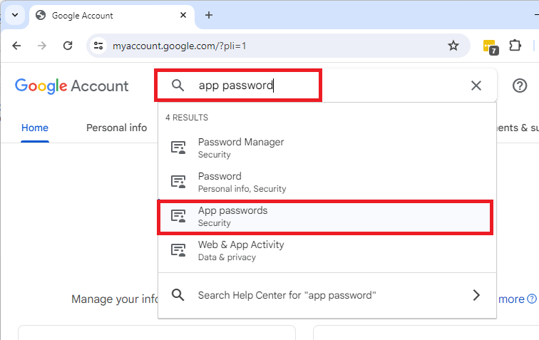 Gmail - меню создания пароля приложения