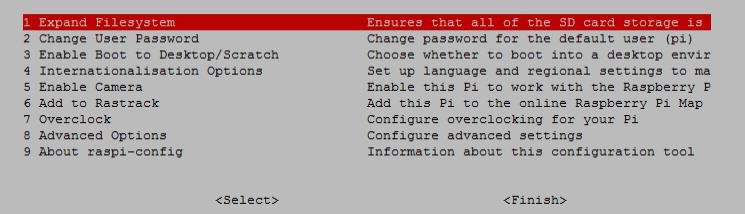 Меню конфигурации Raspberry Pi