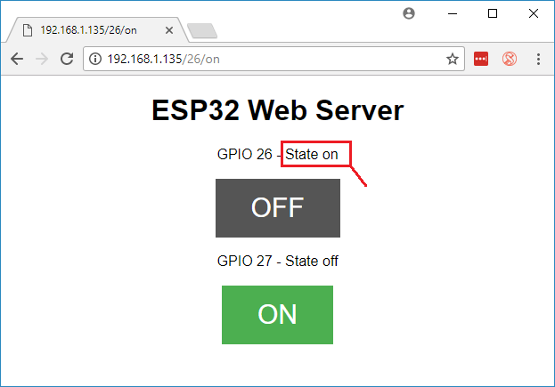 GPIO 26 включён на веб-странице
