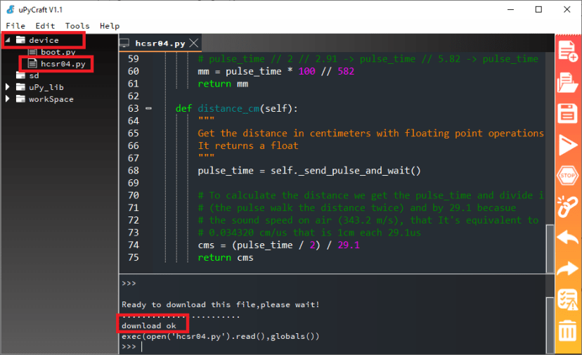 Библиотека HC-SR04 успешно установлена в uPyCraft IDE