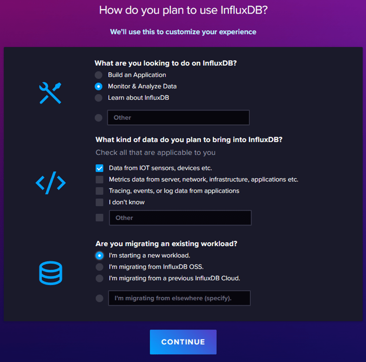 Форма начала работы InfluxDB