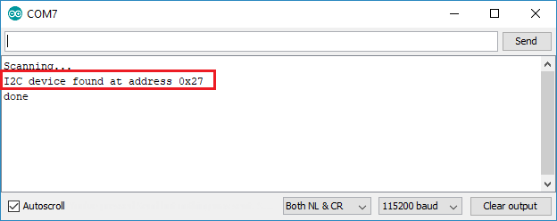 Скетч I2C сканера, результат в мониторе последовательного порта с найденным I2C адресом