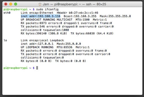 Вывод команды ifconfig на Raspberry Pi
