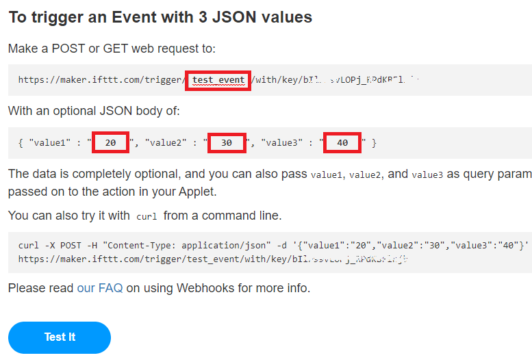 IFTTT Trigger an Event с 3 JSON значениями