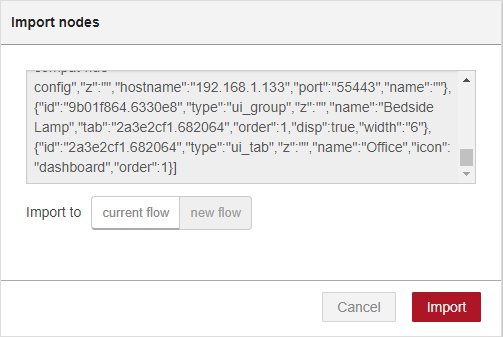 Импорт потока Node-RED из буфера обмена