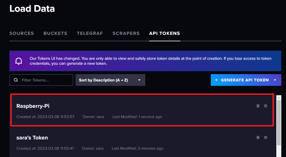 Список API-токенов InfluxDB Raspberry Pi