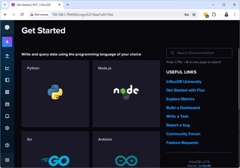 Экран начала работы InfluxDB