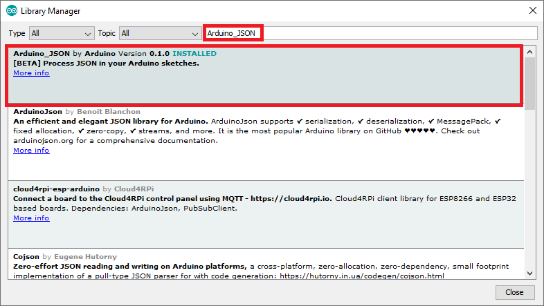 Установка библиотеки Arduino JSON в Arduino IDE