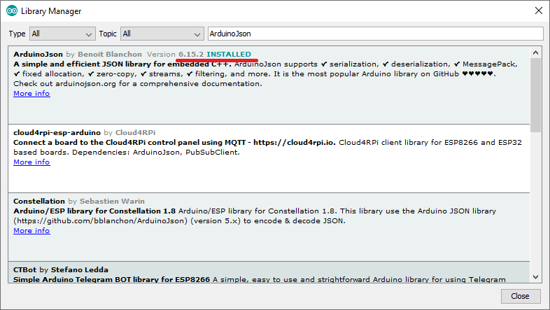 Установка библиотеки ArduinoJSON в Arduino IDE