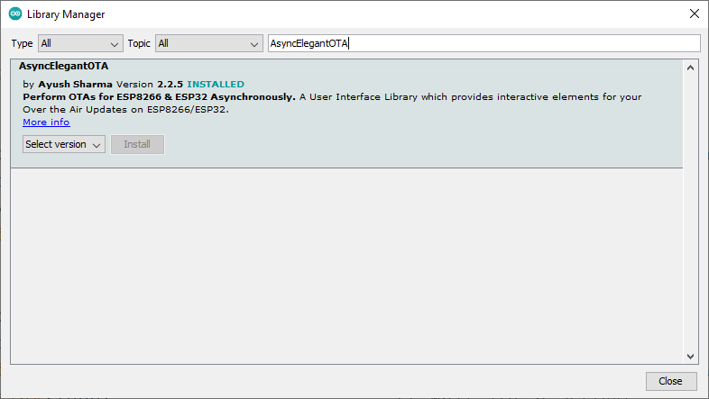 Установка библиотеки Async Elegant OTA в Arduino IDE