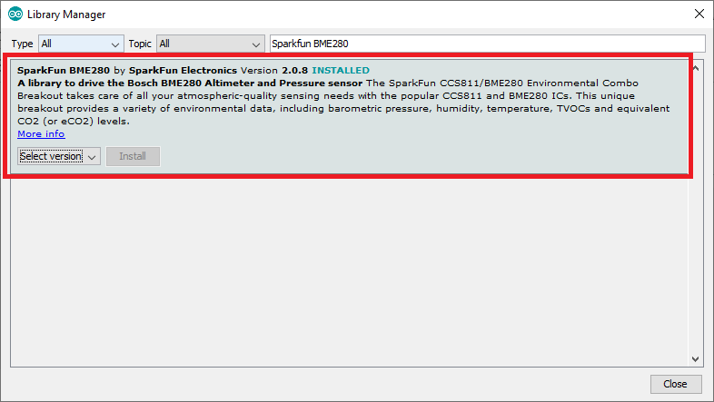 Установка библиотеки BME280 SparkFun в Arduino IDE