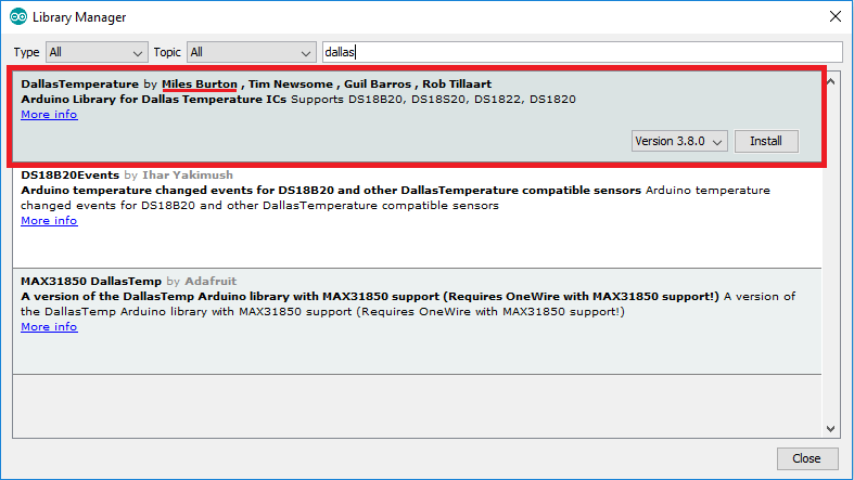 Install DallasTemperature library by Miles Burton in Arduino IDE