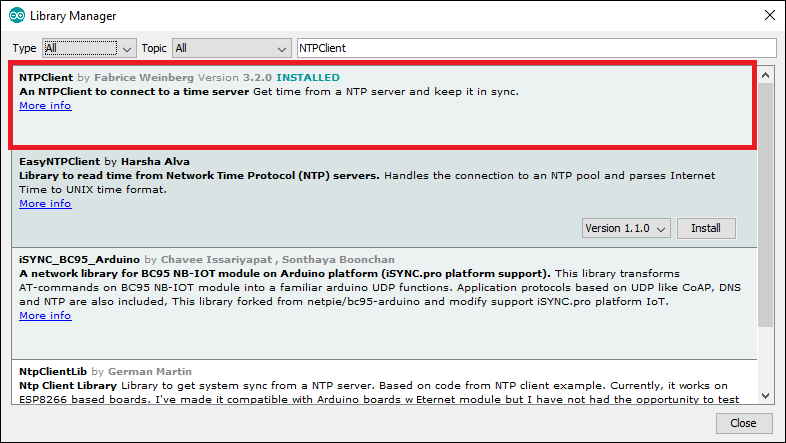 Установка библиотеки NTPClient ESP8266 NodeMCU