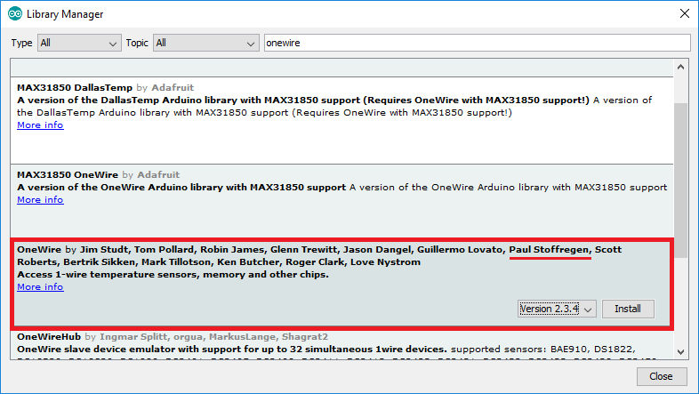 Install OneWire library by Paul Stoffregen in Arduino IDE