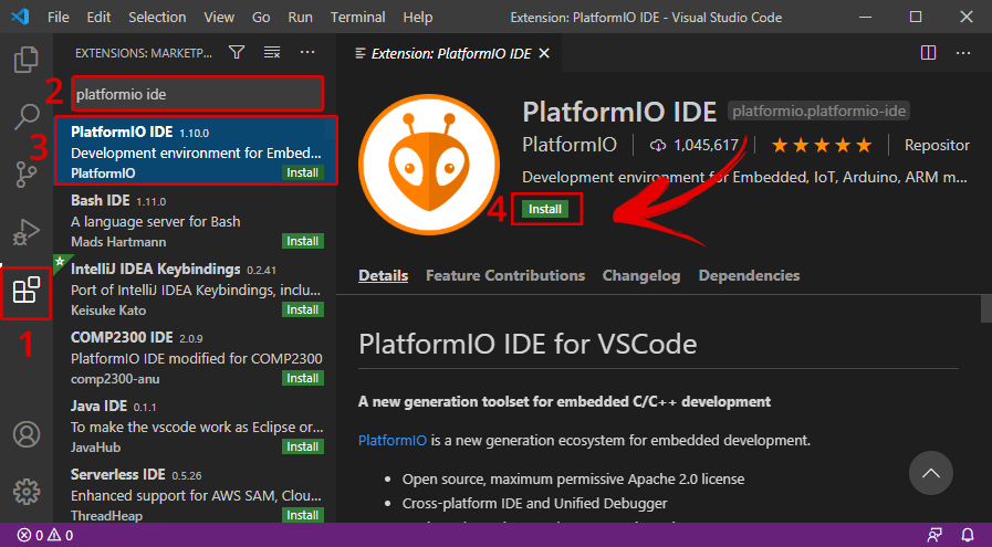Установка расширения PlatformIO IDE в VS Code