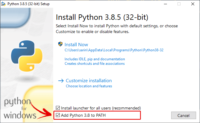 Установка Python 3.8.5 на Windows PC и добавление в Path
