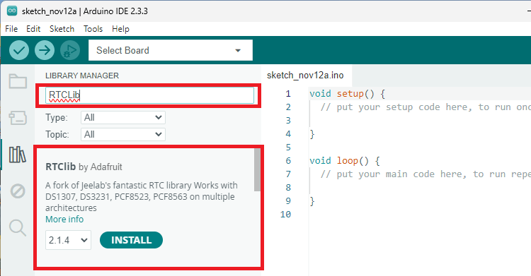 Arduino IDE установка библиотеки RTCLib