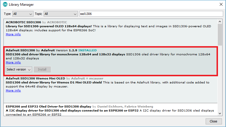 Установка библиотеки Adafruit SSD1306