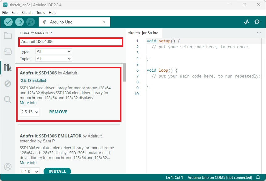 Установка библиотеки OLED-дисплея в Arduino IDE
