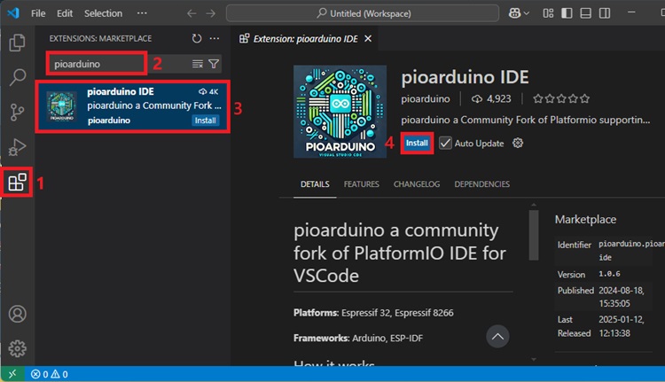 Установка расширения pioarduino в VS Code