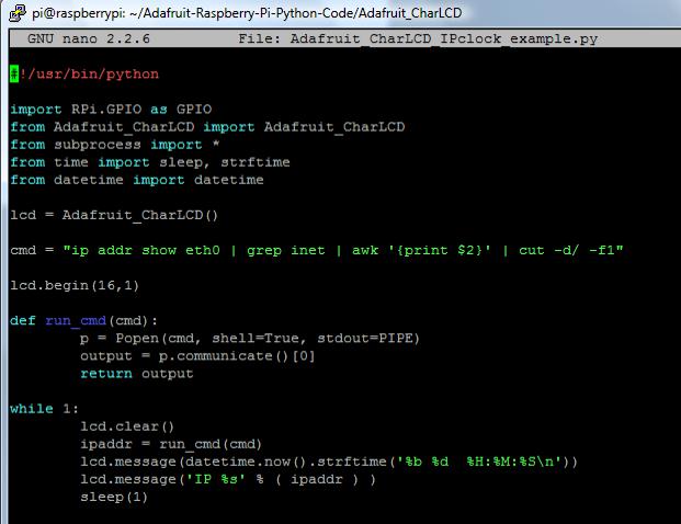 Код программы Adafruit_CharLCD_IPclock_example.py
